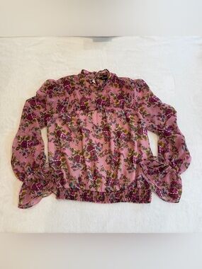 Express Pink Floral Tie-Cuff Ruffle Mock-Neck Blouse